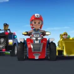 Psi Patrol: Chase, Ryder i Marshall w swoich pojazdach. Różne rasy psów gotowe do akcji.