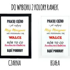 Motywacyjne cytaty na zakończenie szkoły w czarnej i białej ramce: "Pracuj ciężko", "Miej marzenia", "Walcz", "Rób to co kochasz i lubisz", "Bądź pokorny".
