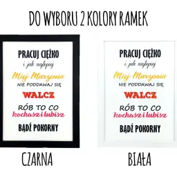 Motywacyjne cytaty na zakończenie szkoły w czarnej i białej ramce: "Pracuj ciężko", "Miej marzenia", "Walcz", "Rób to co kochasz i lubisz", "Bądź pokorny".