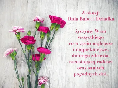 Bukiet różowych goździków na drewnianym tle. Idealny wierszyk dla babci i dziadka na ich święto.